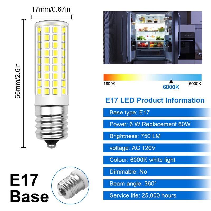 TRIJZHOU E17 LED Bulbs 6W 120V Daylight White 6000K 4-Pack