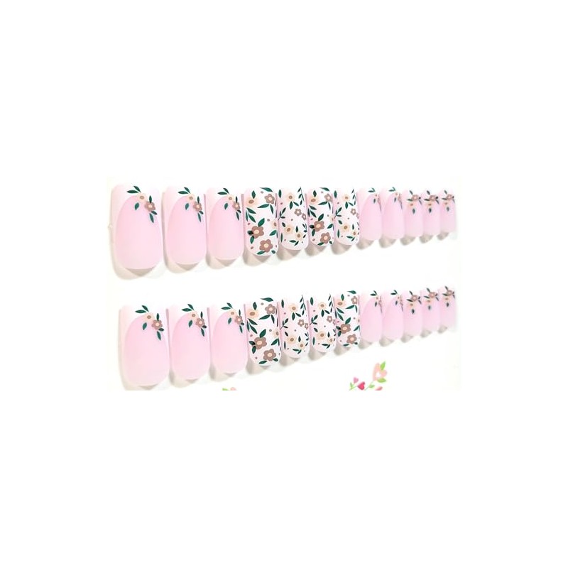 Pink Floral Matte Square Press-On Nails - 24 Pieces -