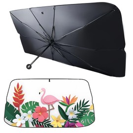 55" x 33" Foldable Car Windshield Sun Shade Umbrella – UV & Heat Reflective Front Window Sunshade with 360° Rotating Rod, Fits Most SUVs & Trucks, Flamingo Tropical Design