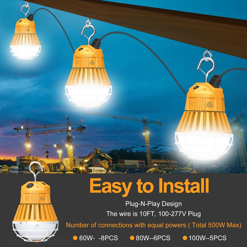 LED Construction Lights, Adjustable 60W/48W/36W Work Lights 5700K/5000K/4500K, AC100-277V -