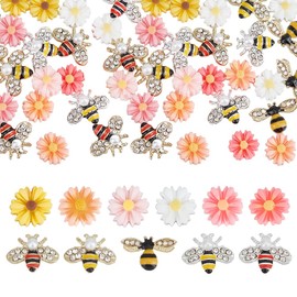 PH PandaHall 55 Stück Biene Blume Nail Art Charms Set 3D-Blumen-Nagelanhänger Gold Nagel Charms Set Resin Nagel Dekorationen 11 Stile Nagel Charms mit Legierung Strass Biene für DIY Nageldekorationen