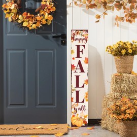 Happy Fall Y'all Porch Sign Retro Maple Leaf Pumpkin Design Front Door Hanging Decorations Indoor Outdoor Large Wooden Vertical Welcome Sign For Home Yard Farmhouse Holiday Decor 47 x 7.8 inch