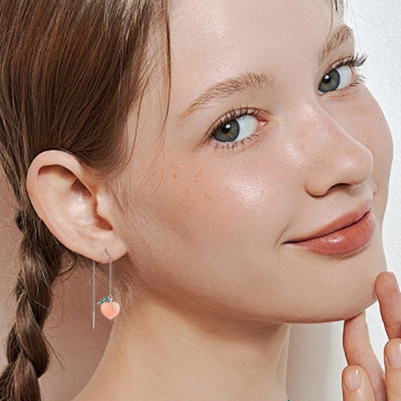 Peach Earrings Sterling Silver Peach Threader Earrings Fruit Jewelry For