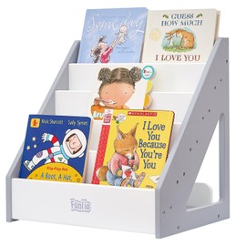 FUNLIO Montessori Bookshelf for Toddlers 1-5 Years, Front-Facing Kids Bookshelf with Handle & Anti-Tilting Device, Premium Pine Baby Bookshelf, Children's Bookcase for Nursery/Classroom - Grey & White