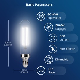 FLSNT Dimmable T6/T25 Edison LED Bulbs 60W Equivalent E12 Candelabra Base 5000K Daylight White 500LM 5.5W Decorative Edison Bulb for Chandelier Vanity Ceiling Fan Lighting, CRI82, 6 Pack