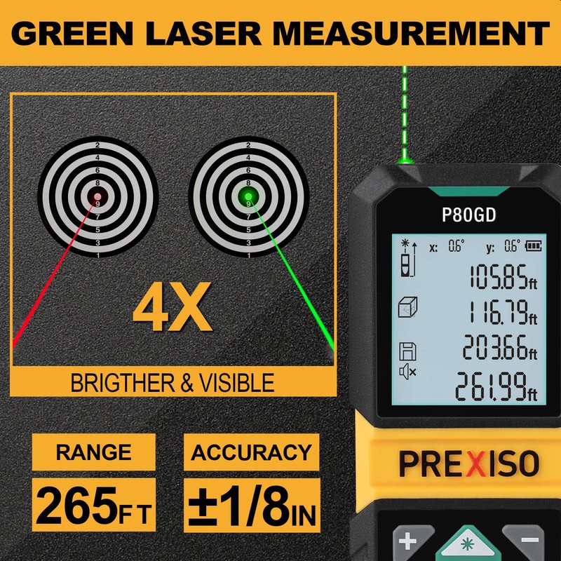 PREXISO Laser Measure Rechargeable, 265Ft Green Beam Laser Measurement Tool