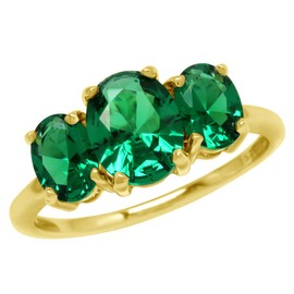 Silvershake 3-Stone Created Oval Shape Nano Green Emerald 18K Yellow Gold Plated 925 Sterling Silver Ring May Gemstone Birthstone Jewelry for Women Size 8