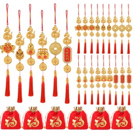 24 Pcs Chinese New Year Snake Bulk Decorations Lunar New Year 2025 Red Tassel Ornaments with Wealth Success Good Luck Hanging Decorations for Gifts Home Decor