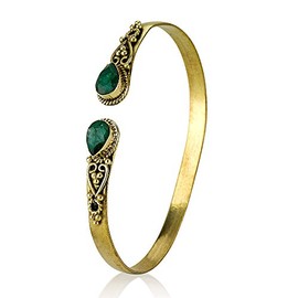 Created Emerald Brass Adjustable Bangle Bracelet