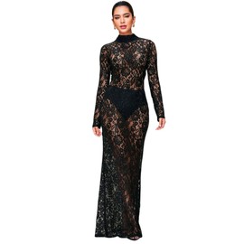 ZGMYC Women's Sexy See Through Lace Maxi Dress Elegant Sheer Mock Neck Long Sleeve Evening Dress Cocktail Party Dress