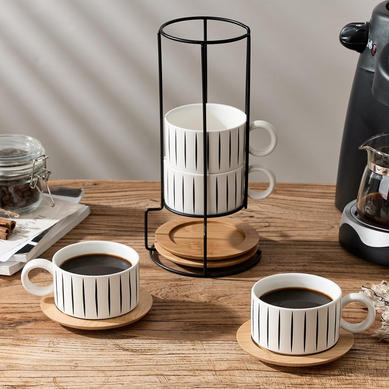 LUKA 6 Ounce Porcelain Stackable Espresso Cups with Saucers and