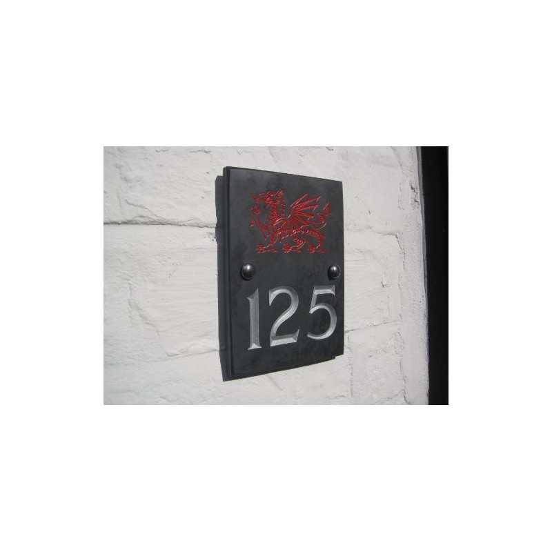 Engraved Slate House Number Sign Plaque with Hand Painted Motif