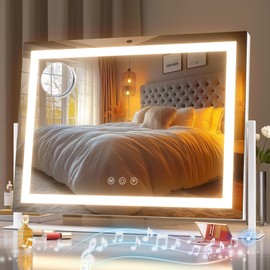 Hasipu Vanity Mirror with Lights and Bluetooth Speaker, 16" x 12" LED Makeup Mirror, Light up Mirror with 10X Magnification, Smart Touch 3 Colors Dimmable, Brightness Adjustment (White)