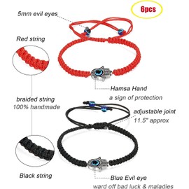 Finrezio 6 Stück Nazar Boncuk Armband Hamsa Geflochtene Armbänder Kabbalah String Fatima Hände für Herren Damen Schwarz Rot