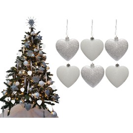 Simply Products 6 Heart Baubles - Great Christmas Tree Decorations, Glitter Heart Baubles (Silver & White Glitter)