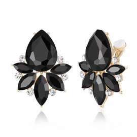 Flyonce Vintage Rhinestone Clip On Stud Earrings for Women, Fancy Crystal Cluster Teardrop Art Deco Non Pierced Clip Earrings for Wedding Bridal Brides Black Gold-Tone