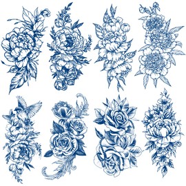 Semi-permanent Tattoos, Temporary Tattoos, 8-Sheet Plant-Based Ink Blue Flower Tattoos for Adults Women Girls Kids
