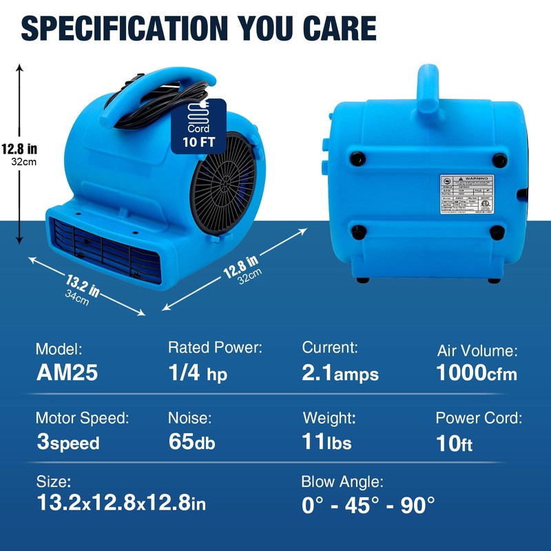 MOUNTO 1/4hp 1000CFM 2 Speed Air Mover Carpet Dryer Floor