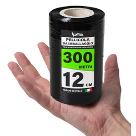 IPEA Stretch Film Roll Black Stretch Film Roll for Packaging - 300 Metres x 12 cm - Made in Italy - Roll for Protecting, Packing Items During Transport - Wrap Film - Tear-Resistant