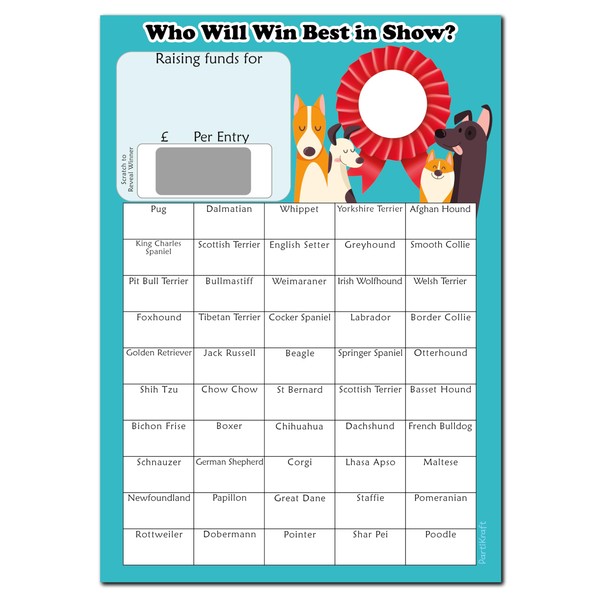 PartiKraft - 2 x A4 Fundraising - Guess Who Will Win Best in Show - Dog Show Scratch To Reveal Game Card - 50 Boxes