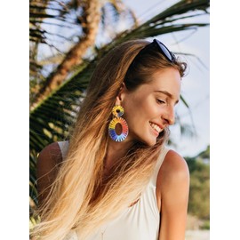 Statement Raffia Earrings for Women Rainbow Rattan Earrings Geometric Straw Wicker Dangle Earrings Summer Beach Jewelry