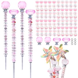 101 PCS Beaded Garden Stakes Kit, DIY Fairy Wand Garden Stake Beads Kits with Pink Large Hole Beads 4 Crystal Stopper Top Threaded Rods and 2 Colored Small Windmills for Outdoor Indoor Decor