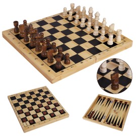 TOWO Wooden 3-in-1 Chess Board, Chess Game, Lady Game, Backgammon Set - Classic Wooden Games for Children, Adults, Family Games, Travel Games, Portable, Durable