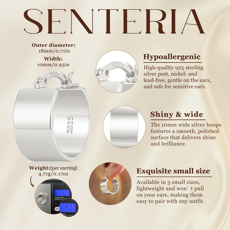 Senteria 925 Sterling Silver Hoop Earring Hypoallergenic Silver Chunky Hoop