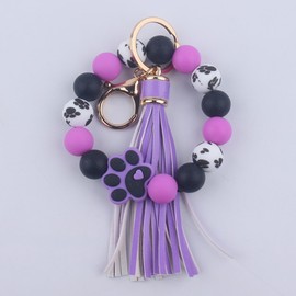 Claw Silicone Beaded Bracelet Wrist Keychain, PU Leather Tassel Bangle Car Keychain for Women,Key Ring Wristlet Key Chains
