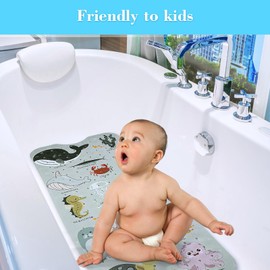 Baby Bath Mat, Cartoon Kids Bathtub Mat Non Slip for Toddler Bath Shower Anti Slip, 40In X 16In with Drain Holes and Suction Cups Machine Washable, Greige Sea Animals