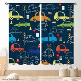 Cortinas de coche de dibujos animados para recámara de niños, construcción colorida para tractor de coche, transporte de ciudad, vehículos de transporte de tráfico azul marino, juego de tratamientos