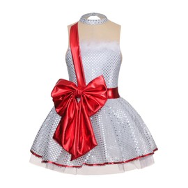 JEATHA Kids Girls Sleeveless Sequins Striped Christmas Fancy Dress Gymnastics Leotard Dance Costumes White&Red Bow 12 Years
