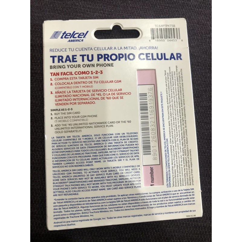 TELCEL AMERICA SIM CARD, UNLIMITED CALLS, NEW