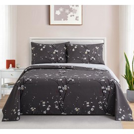 Marina Decoration Printed 600 Thread Count Soft Deep Pocket Hotel Standard Long Staple Cotton Blend Percale All Season 4 Pieces Bedding Sheet Set, Plum Blossom Floral Grey Pattern Double/Full Size