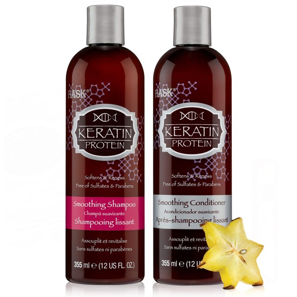 HASK KERATIN PROTEIN Shampoo and Conditioner Set Smoothing for all hair types, color safe, gluten-free, sulfate-free, paraben-free - 1 Shampoo and 1 Conditioner
