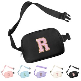 Aganmi Chenille Letter Crossbody Bags for Women Trendy, Waterproof Fanny Packs Initial Letter Belt Bag for Teen Girls Daughter Mom with Multiple Inner Pockets and Adjustable Strap(Black R)