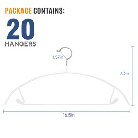 FSUTEG No Bump Rubber Coated Hangers 20 Pack - Heavy Duty Contour Metal Clothes Hangers, 15-18lb Weight Capacity, Non-Slip & Space Saving for Wardrobe, Closet, Dorm (16.5 Inch, White)