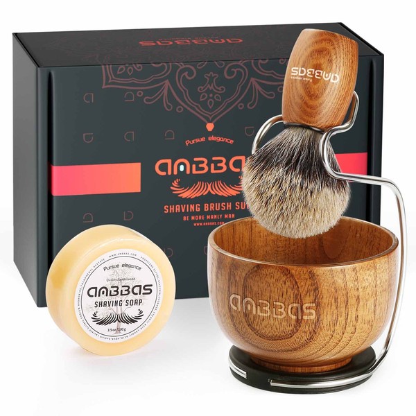 Anbbas 4in1 Shaving Set, Pure Badger Hair Shaving Brush Wood Handle and Large Soap Bowl,Stainless Steel Shaving Stand with 3.5OZ Natural Shaving Soap Puck Refill for Men