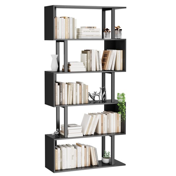 Gadroad 5-Tier Geometric Bookcase,S Shaped Bookshelf, Wood Decorative Storage Shelving,