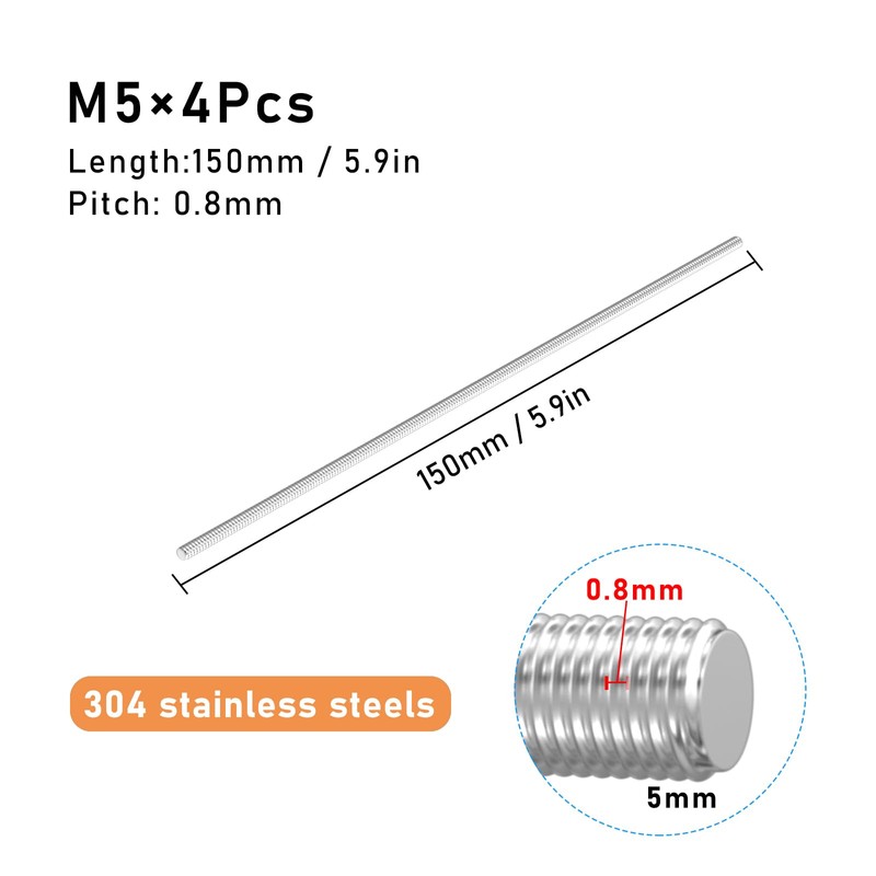SCOOYUCK Pack of 4 Fully Threaded Rod M5 × 150