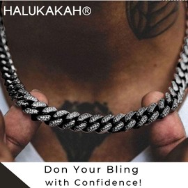 HALUKAKAH Gold Chain for Men Iced Out,Men's 14MM Miami Cuban Link Chain Choker Necklace 18In(45cm) in Rhodium Black Plated,Full Cz Diamond Cut Prong Set,Gift for Him