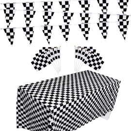 Checkered Flags Set, Race Car Flags Party Supplies Decorations Include 10 Packs Checkered Flags, 32 ft Checkered Race Flag Banner, 2 Packs Table Covers for Checkered Racing Flag Birthdays Party