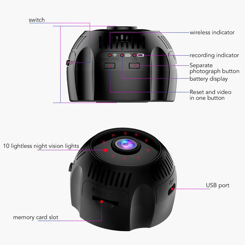 Wireless Mini Camera ABS 1080P 500mah 150 Degree Wide Angle