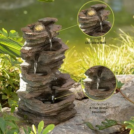 Gardenised Decorative 4 Tier Rock Look Water Fountain with LED Rolling Glow Ball for Home and Garden, Gray