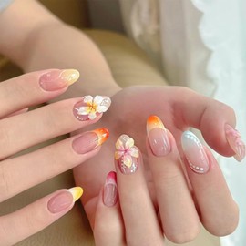 BQZQPAMZ 3D Summer Flower Almond Fake Nails Gradient French Tip Press on Nails Glossy Floral Medium Length False Nails Acrylic Nail for Women Spring Manicure Decoration