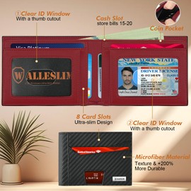 Walleslim Wallet for Men, RFID Mens Wallet with 2 ID Windows Slim Wallets Minimalist With Gift Box(Red), red, 2 Id Windows