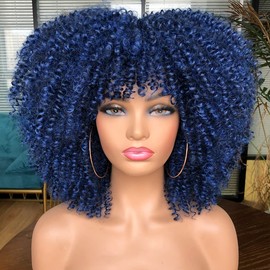 RunM Short Curly Afro Wig With Bangs for Black Women Kinky Curly Hair Wig Afro Synthetic Full Wigs（Blue）