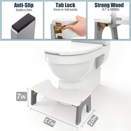 Toilet stool Wood, Foldable Poop stool for Adult, 7" Wooden Squat Poop Stool by CHEAGO, Extra Sturdy & Stable Toilet Step Stool with Heavy Duty Tab Locks Anti-Slip Feet for Security, 380 lbs