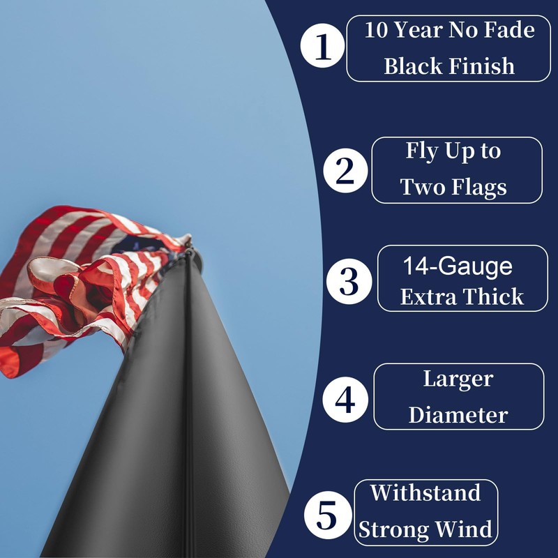 25FT Heavy Duty Flag Pole,14-Gauge Aluminum,Resist Strong Wind Reinforcement Ring