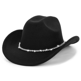 HilyBony Ladies Western Rhinestone Cowboy Cowgirl Hat Fedora Jazz Hat with Sparkly Ribbon, Black with diamond band